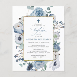 Lámina Invitación al bautismo de flores azules de presupu