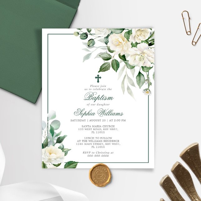 Lámina Invitación al bautismo de flores blancas de eucali (Subido por el creador)