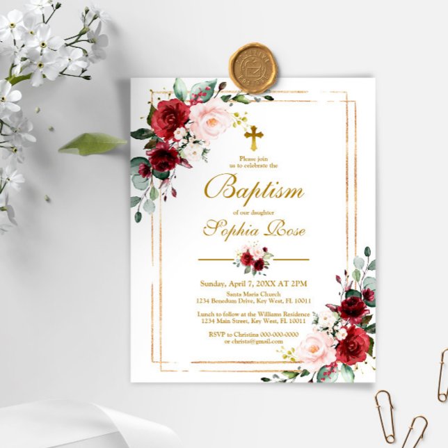 Lámina Invitación al bautismo de marco dorado y Marsala d (Subido por el creador)