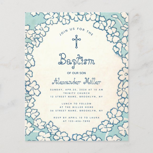 Lámina Invitación al bautismo de marco floral blanco azul (Anverso)