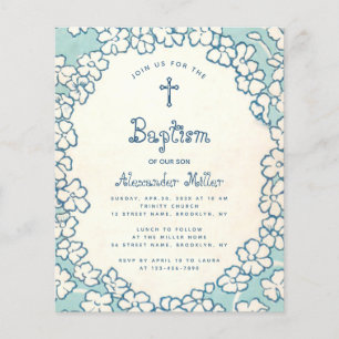 Lámina Invitación al bautismo de marco floral blanco azul