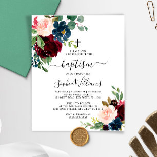 Lámina Invitación al bautismo floral de borgoña y marina