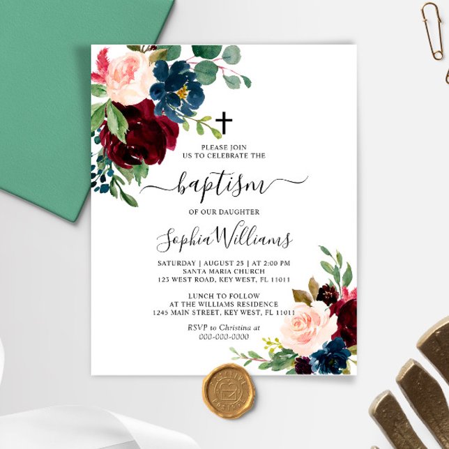 Lámina Invitación al bautismo floral de borgoña y marina (Subido por el creador)