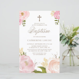 Lámina Invitación al bautismo floral de color de agua ros
