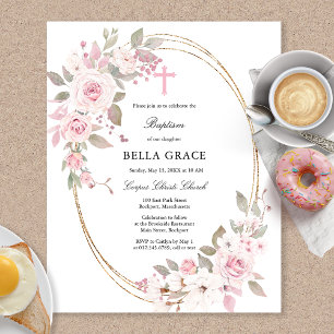 Lámina Invitación al bautismo floral de rosa rosa rosado 