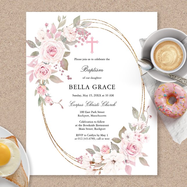 Lámina Invitación al bautismo floral de rosa rosa rosado  (Subido por el creador)