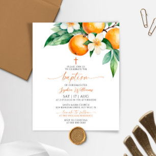 Lámina Invitación al bautismo floral Naranja elegante de