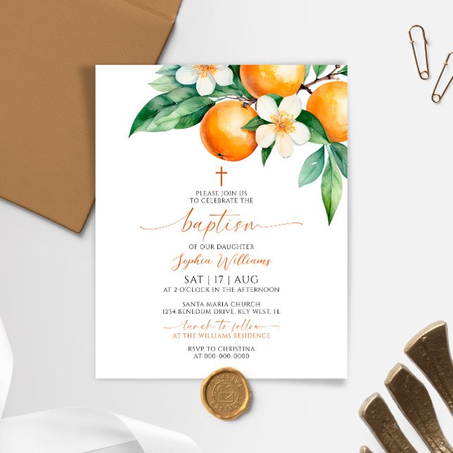 Lámina Invitación al bautismo floral Naranja elegante de  (Subido por el creador)