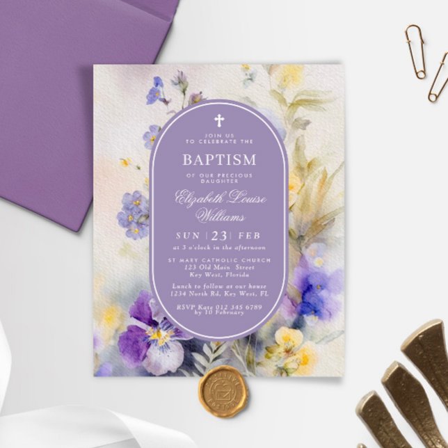 Lámina Invitación al bautismo floral púrpura rústico pres (Subido por el creador)