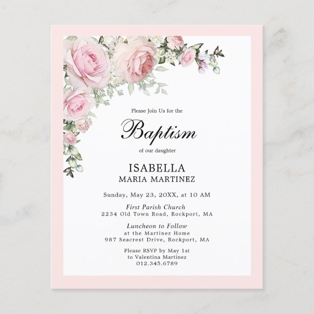 Lámina Invitación al bautismo floral rosado Rubor de pres (Anverso)