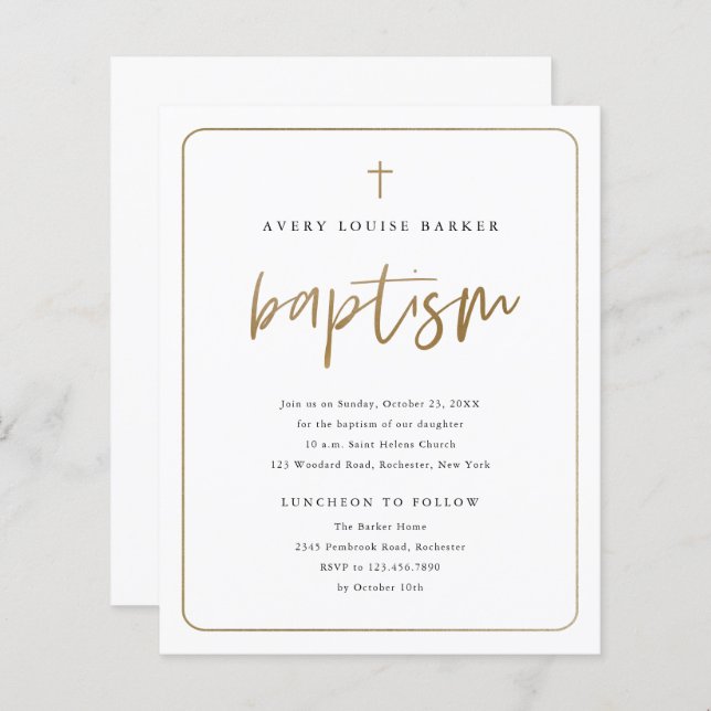 Lámina Invitación al bautismo religioso con guión de oro  (Anverso / Reverso)