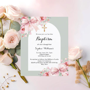 Lámina Invitación al bautismo verde del arca floral rosa