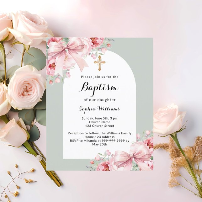 Lámina Invitación al bautismo verde del arca floral rosa  (Subido por el creador)