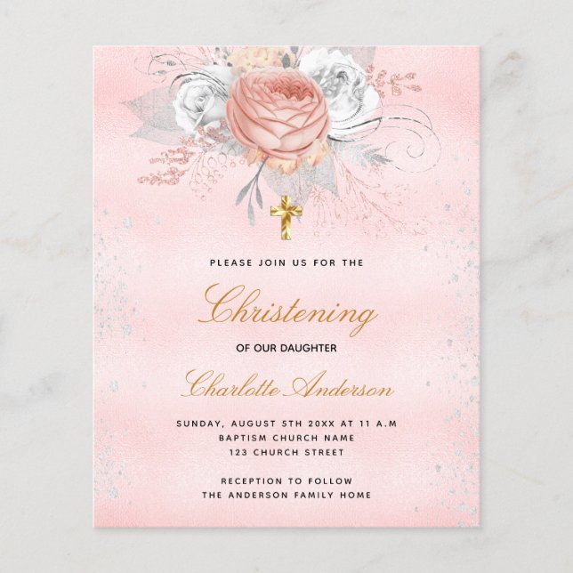 Lámina Invitación al bautizo floral de rosa rosa rosa ros (Anverso)