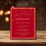 Lámina Invitación al confetti de oro rojo de la fiesta de<br><div class="desc">Una moderna y moderna tarjeta de invitación a la fiesta de cumpleaños número 50 (o cualquier edad) tanto para él como para ella. Fondo rojo con un marco de oro falso y un confetti dorado rociado, letras de colores dorados. Personalice y agregue la información de su fiesta. Fondo rojo con...</div>