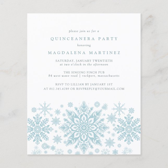Lámina Invitación al copo de nieve azul Quinceanera (Anverso)
