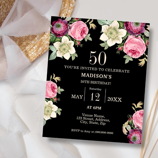 Lámina Invitación al cumpleaños 50 de Black Floral (Subido por el creador)
