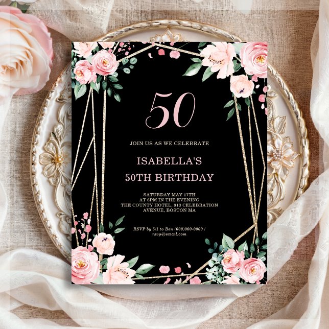 Lámina Invitación al cumpleaños 50 de Black Floral (Subido por el creador)