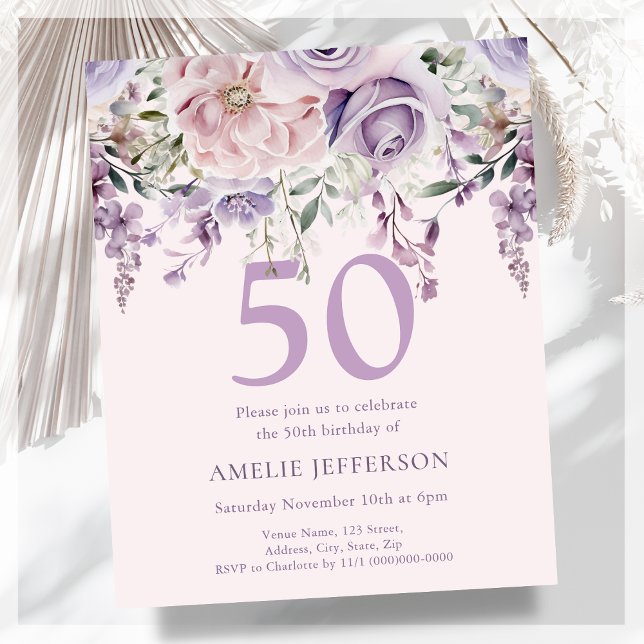 Lámina Invitación al cumpleaños 50 de Purple Floral (Subido por el creador)