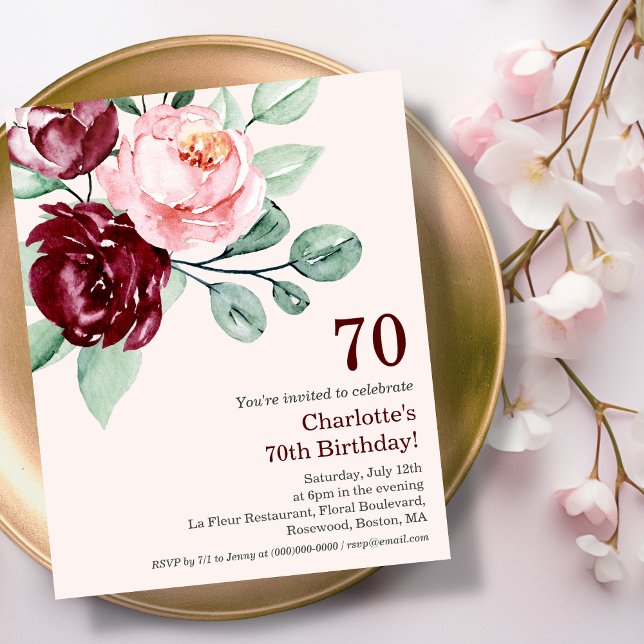 Lámina Invitación al cumpleaños 70 de Burgundy Floral (Subido por el creador)