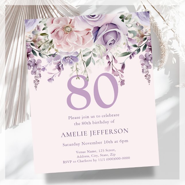 Lámina Invitación al cumpleaños 80 de Purple Floral (Subido por el creador)
