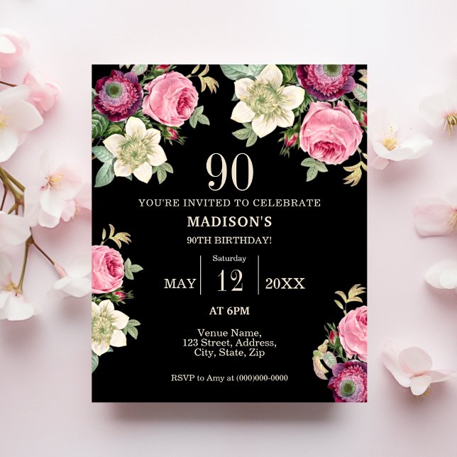 Lámina Invitación al cumpleaños 90 de Black Floral (Subido por el creador)