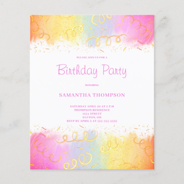 Lámina Invitación al cumpleaños de Budget Pink Rainbow Co (Anverso)