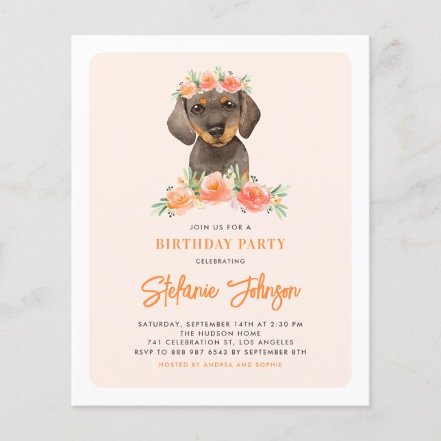 Lámina Invitación al cumpleaños de Dachshund y Peach Flow (Anverso)