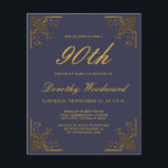Lámina Invitación al cumpleaños de la Marina Azul de Oro<br><div class="desc">Esta elegante invitación de fiesta de cumpleaños inspirada en la cosecha de vintage muestra el texto en escritura de color oro y fuentes serif sobre un fondo azul marino oscuro,  enmarcado por motivos decorativos de oro en las cuatro esquinas. Los motivos de la esquina se repiten al revés.</div>