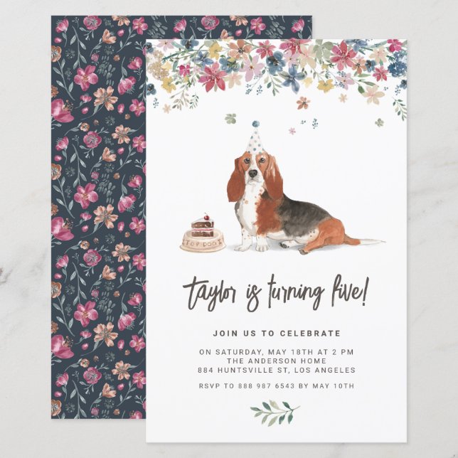 Lámina Invitación al cumpleaños de perro acuarela Basset  (Anverso / Reverso)