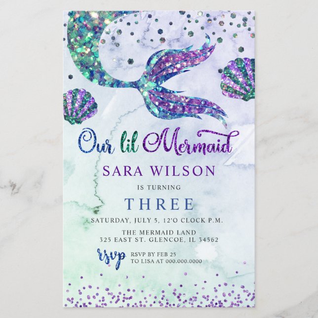 Lámina Invitación al cumpleaños de sirena de Purpurina pú (Anverso)