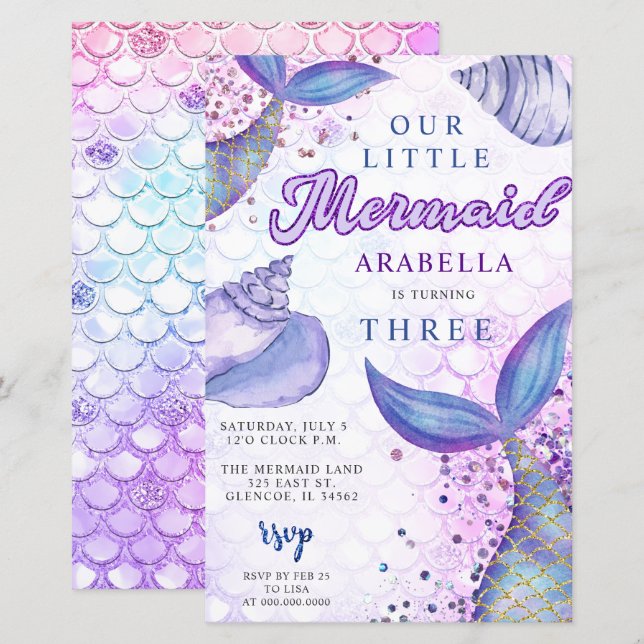 Lámina Invitación al cumpleaños de sirena de Purpurina pú (Anverso / Reverso)