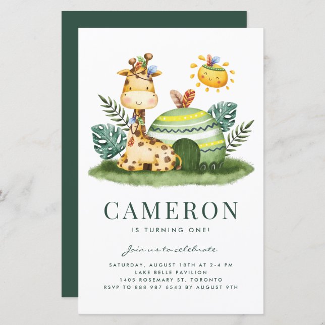 Lámina Invitación al cumpleaños de Watercolor Giraffe Saf (Anverso / Reverso)