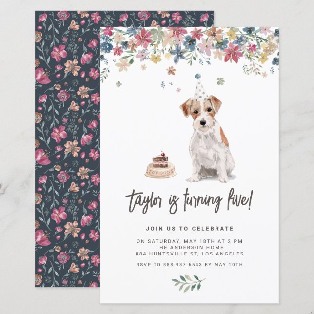 Lámina Invitación al cumpleaños de Watercolor Jack Russel (Anverso / Reverso)