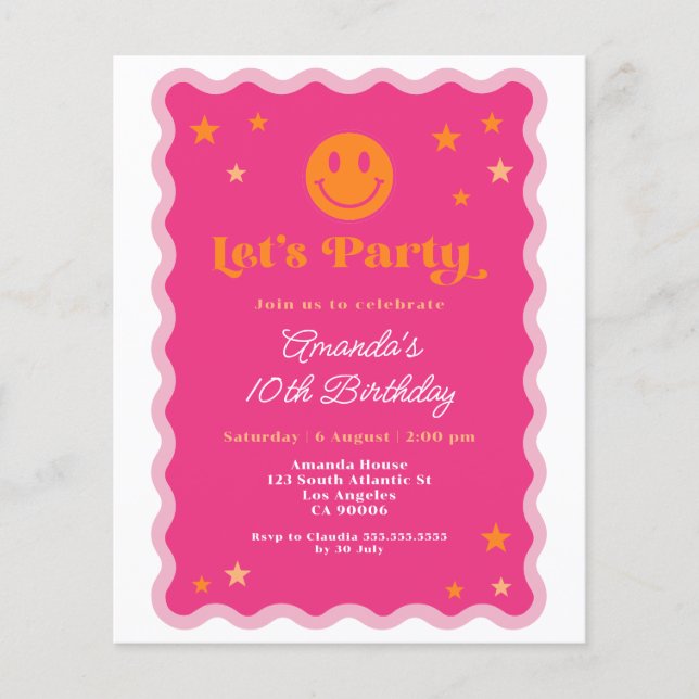 Lámina Invitación al cumpleaños de Wavy Naranja Rosado Pr (Anverso)