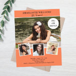 Lámina Invitación al cumpleaños del collage de fotografía<br><div class="desc">Crea tu propio collage de fotos único. Usa cuatro,  cuatro de tus fotos favoritas. Personalice y agregue un nombre y detalles del fiesta. Coral,  fondo de color naranja,  texto negro. 1 hoja = 1 borde impreso de invitación al borde.</div>
