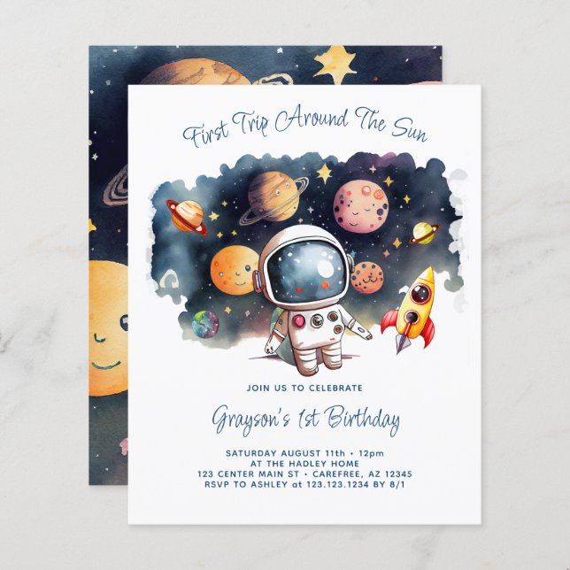 Lámina Invitación al cumpleaños del niño de Planetas de U (Anverso / Reverso)