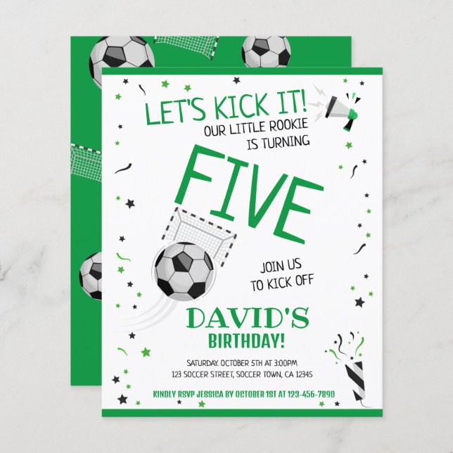 Lámina Invitación al cumpleaños verde del fútbol del pequ (Anverso / Reverso)