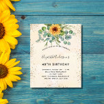 Lámina Invitación al eucalipto de girasol de cumpleaños p<br><div class="desc">Para una fiesta de cumpleaños número 40 (o cualquier edad). Un fondo de color dorado y acuático adornado con girasoles acuáticos,  vegetación eucaliptica. Purpurina de oro falso,  chispas. Personalice y agregue su nombre y detalles del fiesta.</div>