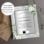 Lámina Invitación al eucalipto floral blanco plateado de<br><div class="desc">Fondo de color plateado falso decorado con flores blancas, flores, vegetación eucaliptos y purpurina de plata falsa, chispas. Personalice y agregue su nombre, detalles del fiesta y paleta de color de la ropa. Cartas negras. Haga clic en "editar diseño" para editar los colores, añadir/borrar más bloques de color o para...</div>