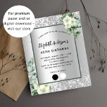 Lámina Invitación al eucalipto floral blanco plateado de<br><div class="desc">Fondo de color plateado falso decorado con flores blancas, flores, vegetación eucaliptos y purpurina de plata falsa, chispas. Personalice y agregue su nombre, detalles del fiesta y paleta de color de la ropa. Cartas negras. Haga clic en "editar diseño" para editar los colores, añadir/borrar más bloques de color o para...</div>