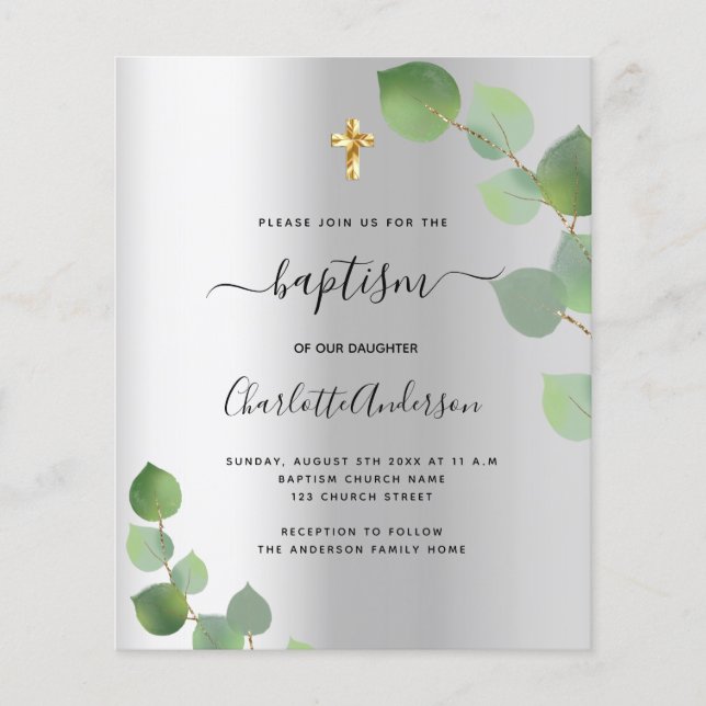 Lámina Invitación al eucalipto plateado del bautismo pres (Anverso)