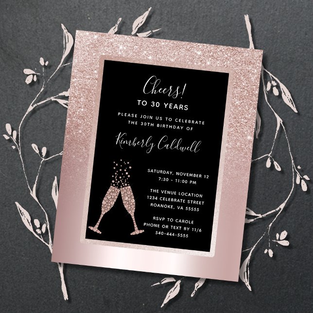 Lámina Invitación al Fiesta de tostadas de champán con pr (30th Birthday Party Invitation Blush Rose Gold Glitter Champagne Toast)