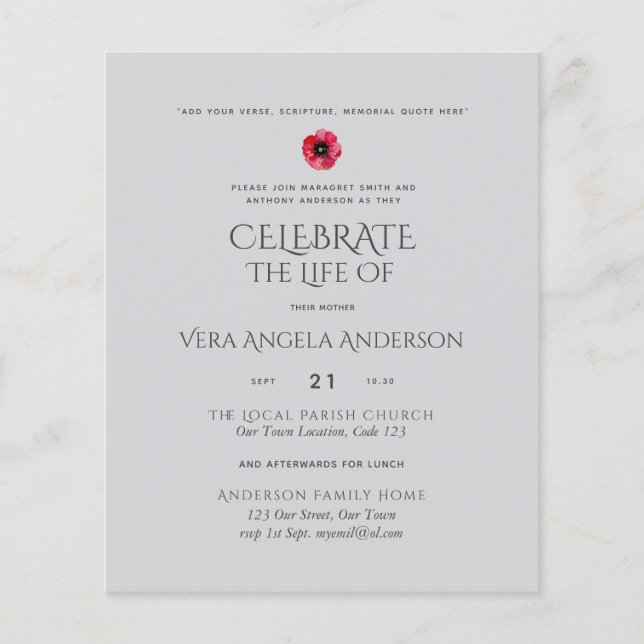 Lámina Invitación al funeral conmemorativo de la vida en  (Anverso)