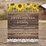 Lámina Invitación al girasol de cumpleaños 16<br><div class="desc">Budget Sweet Sixteen (16) Birthday Party - Rustic Country Sunflower Farmhouse String Lights Lace Invitation on Wood Background - incluye hermosa y elegante tipografía de guiones con la moderna Country Farm House Sparkle para la celebración especial del 16to. cumpleaños.</div>