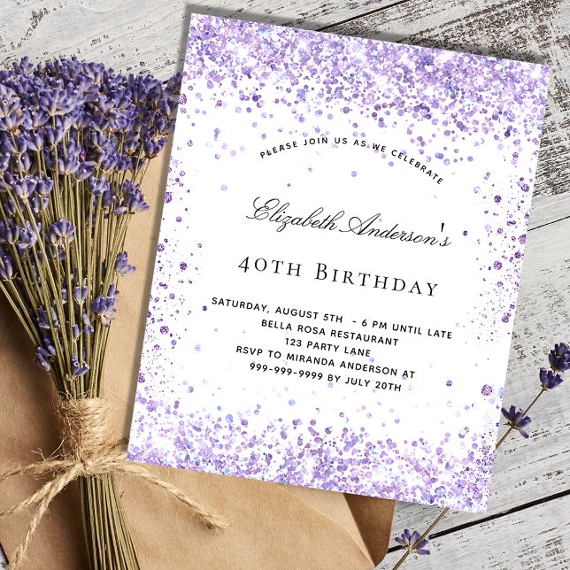 Lámina Invitación al guión de purpurina violeta de cumple (Subido por el creador)