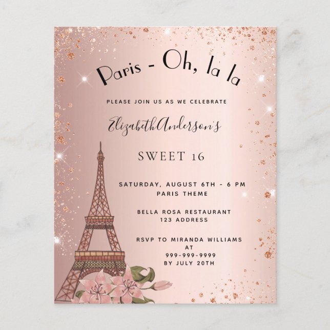 Lámina Invitación al oro de rosa de Paris Sweet 16 (Anverso)