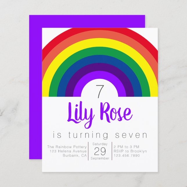 Lámina Invitación al partido de cumpleaños Rainbow Purple (Anverso / Reverso)