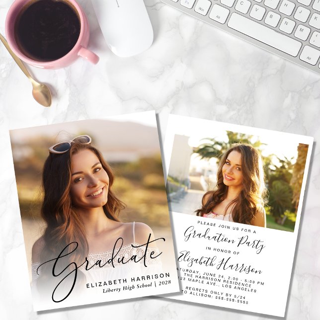 Lámina Invitación al partido de graduación de fotos elega (An elegant photo graduation party invitation to celebrate the graduate's achievements)