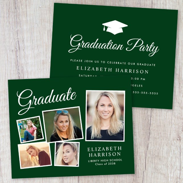 Lámina Invitación al Partido de Graduación Verde del Pres (A personalized photo graduation party invitation to celebrate the graduate's achievements)